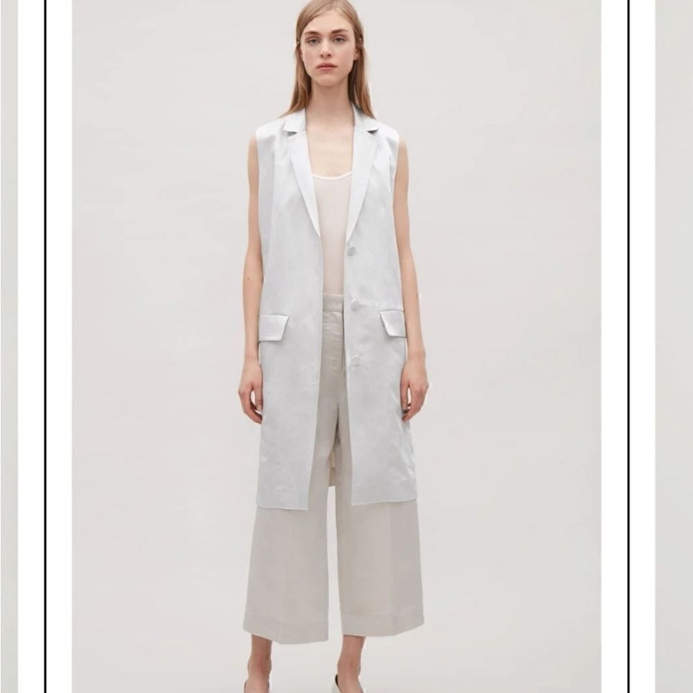 COS Sleeveless Satin Linen Blend Sleeveless Blazer Long Line Vest Trench 8 Ivory